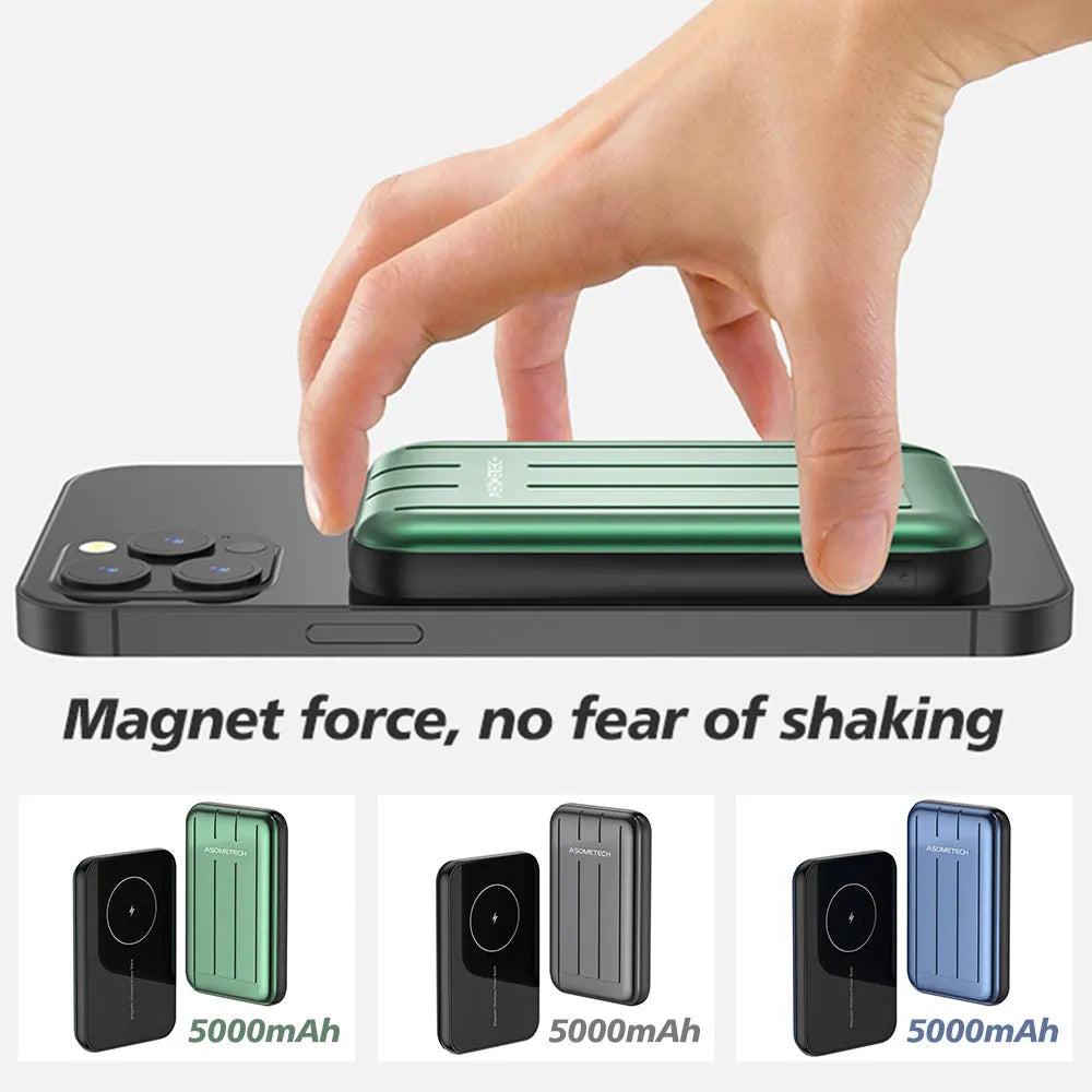 Blue wireless magnetic power bank for iPhone 12 with 5000mAh capacity and USB charging port