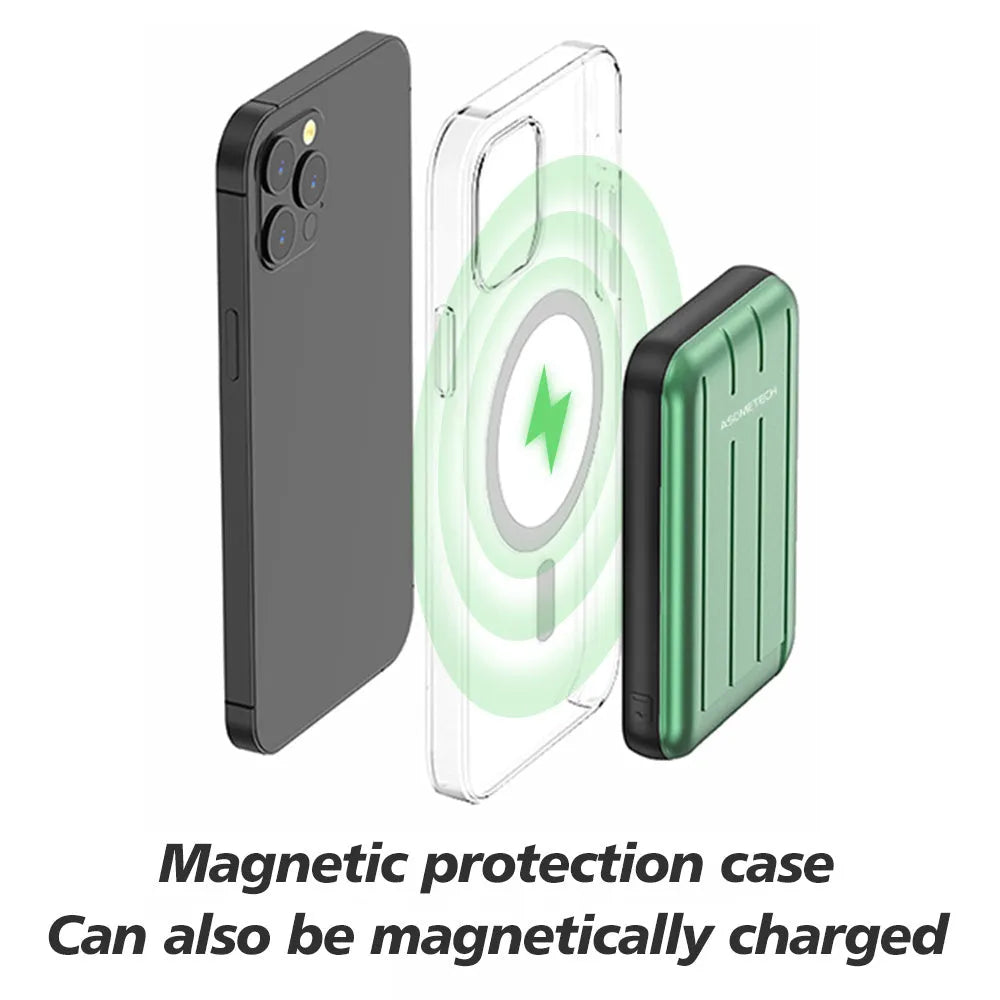Blue wireless magnetic power bank for iPhone 12 with 5000mAh capacity and USB charging port