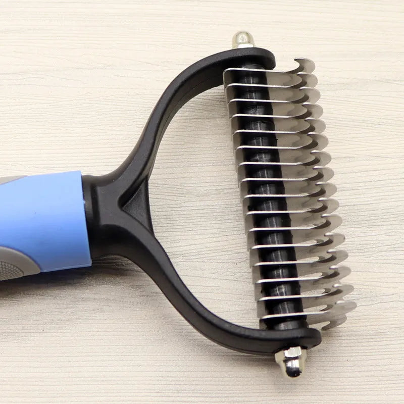 Pet long-haired dog knot comb with double-sided blade in blue colour, small size, with stainless steel needles and TPR handle