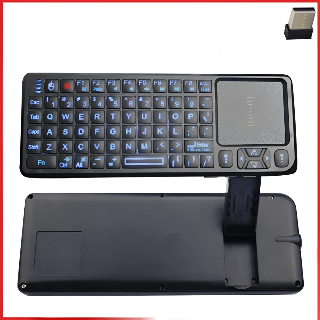 Black wireless mini keyboard with touch screen and matching mouse for teaching presentations