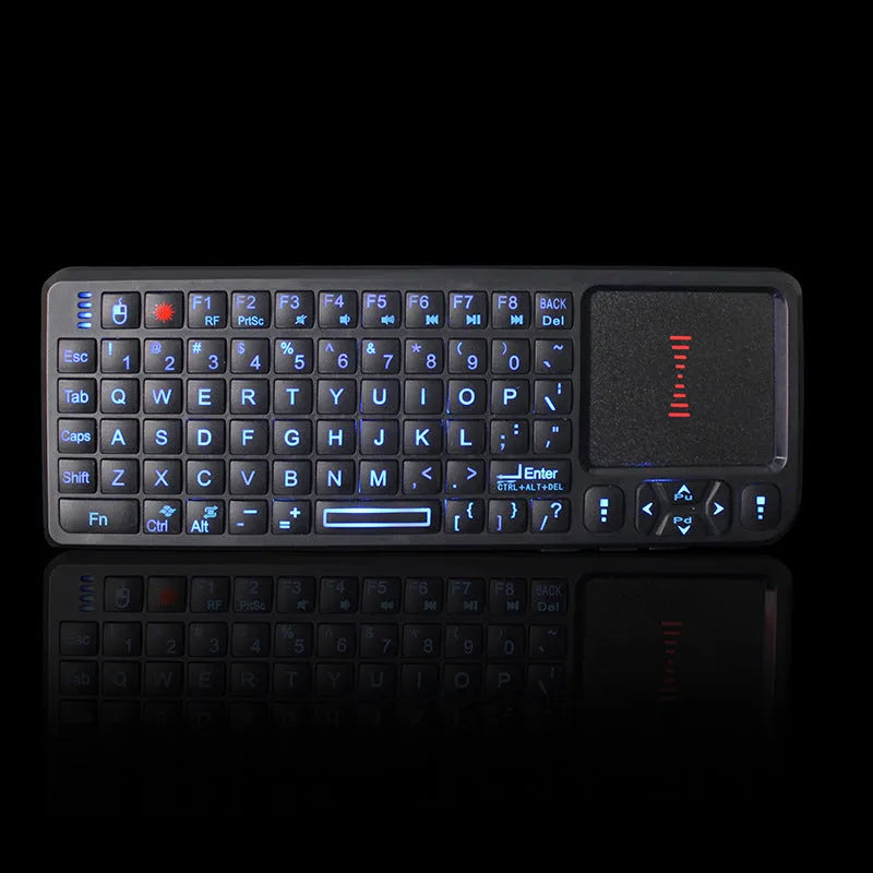 Black wireless mini keyboard with touch screen and matching mouse for teaching presentations