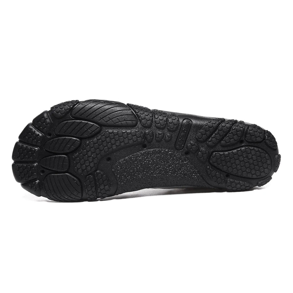 Unisex low-cut water shoes with elastic band closure in black, grey, blue, or purple.