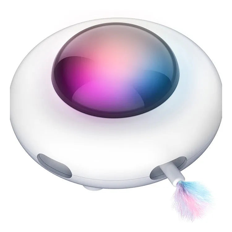 White UFO-shaped electric cat turntable toy with vibration activation and feather accessory