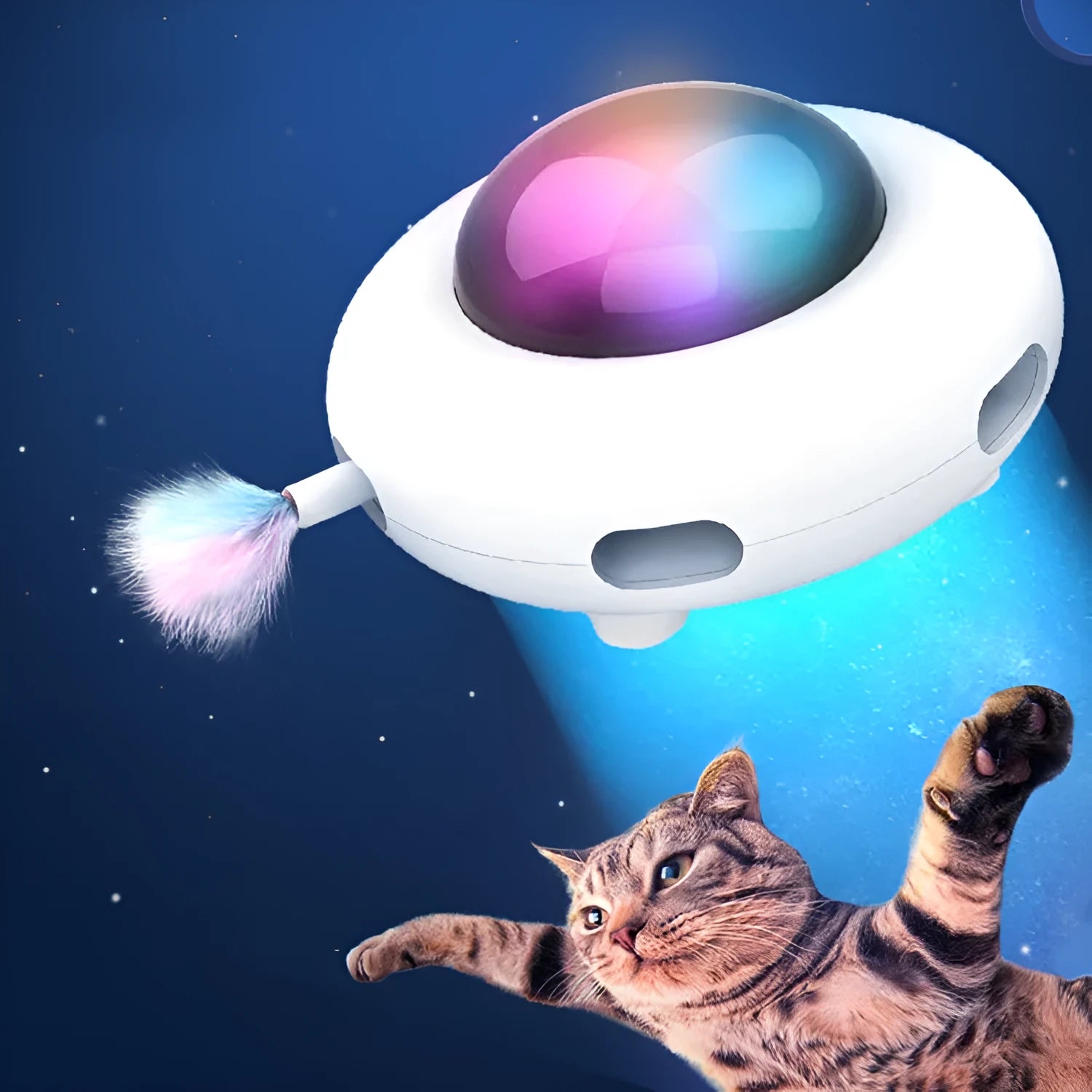 White UFO-shaped electric cat turntable toy with vibration activation and feather accessory