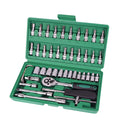 Green plastic case containing 46-piece metric car repair tool set with sockets, ratchet, and torque wrench