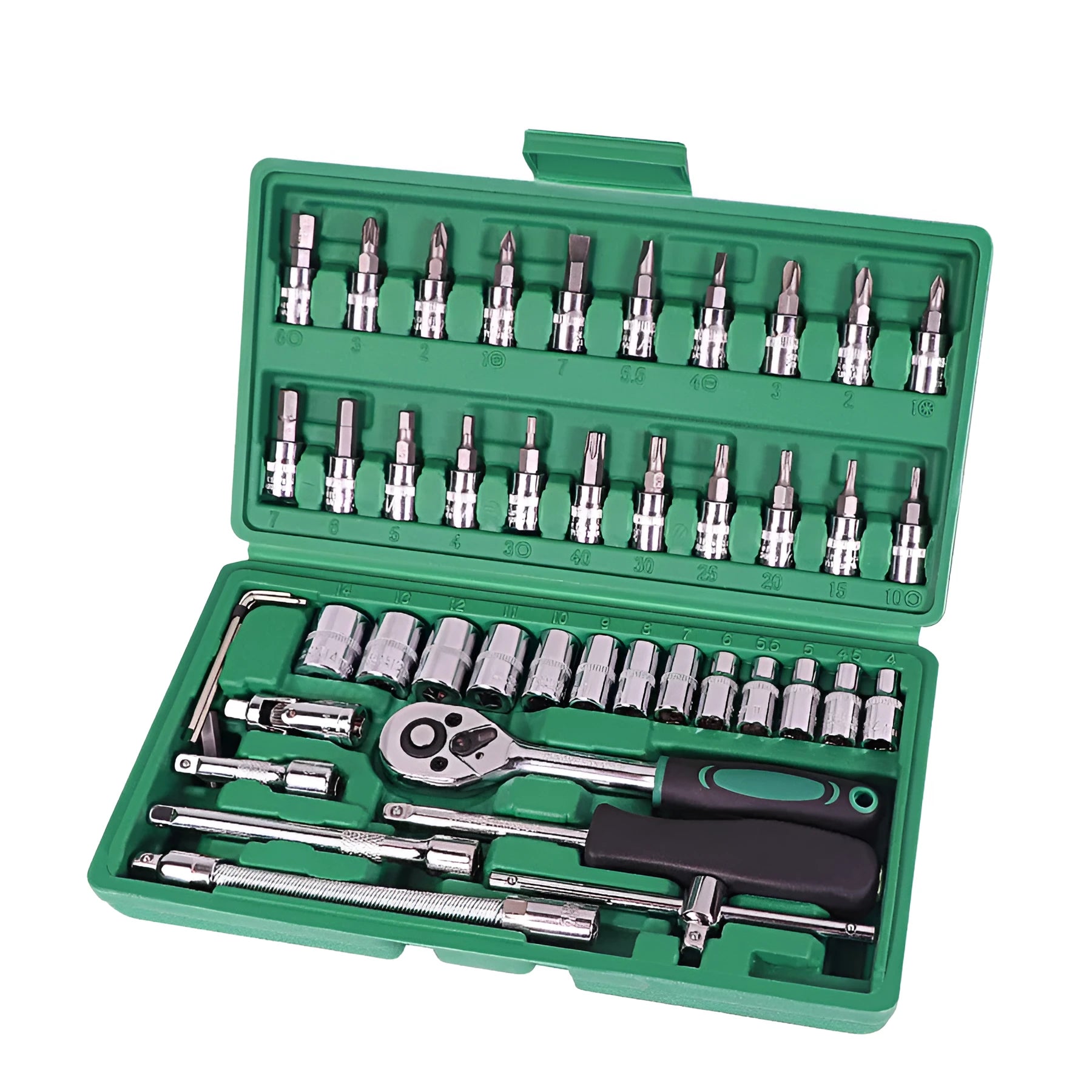 Green plastic case containing 46-piece metric car repair tool set with sockets, ratchet, and torque wrench