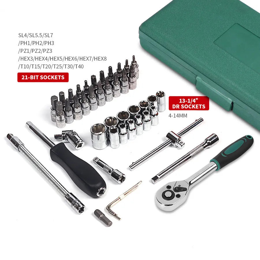 Green plastic case containing 46-piece metric car repair tool set with sockets, ratchet, and torque wrench