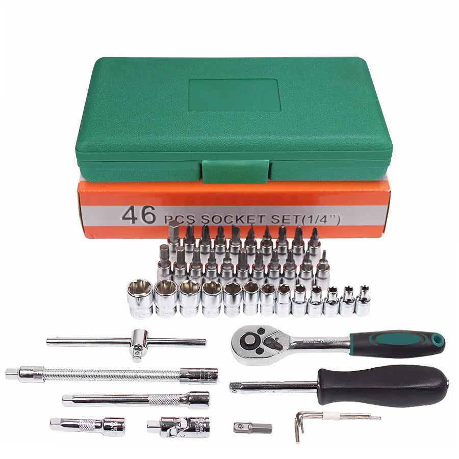 Green plastic case containing 46-piece metric car repair tool set with sockets, ratchet, and torque wrench