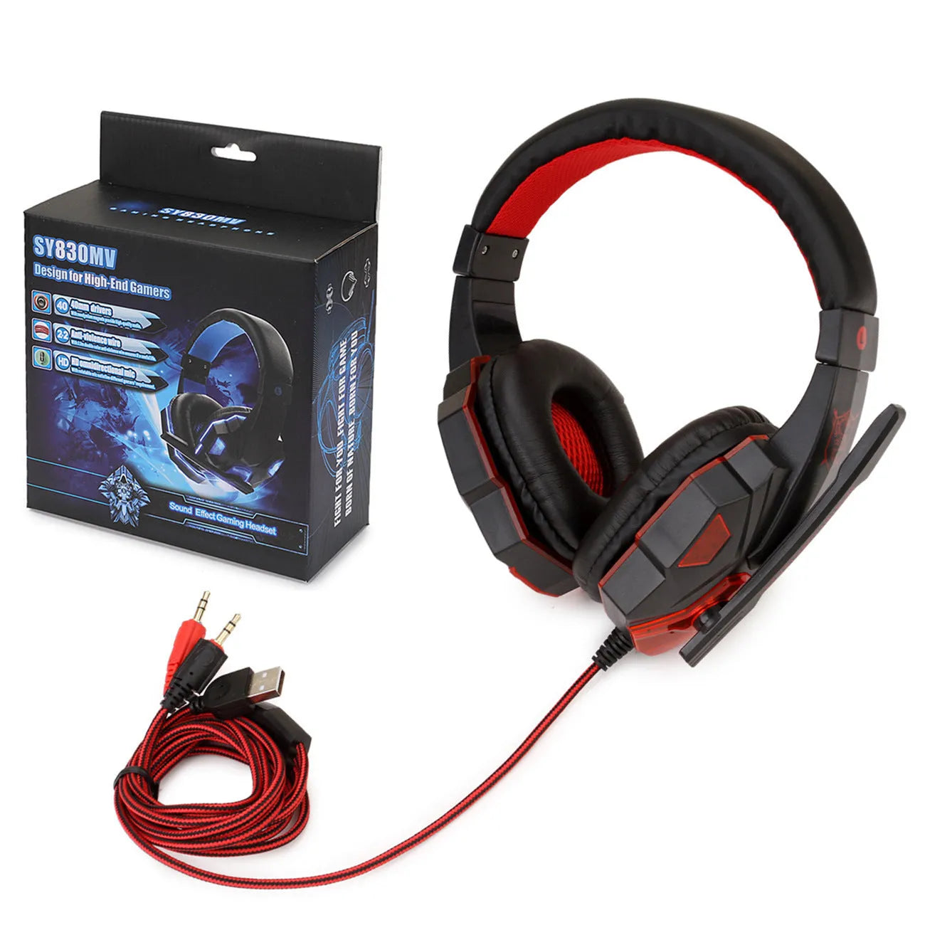 Black Red PC gaming headset with light-up ear cups and braided cable