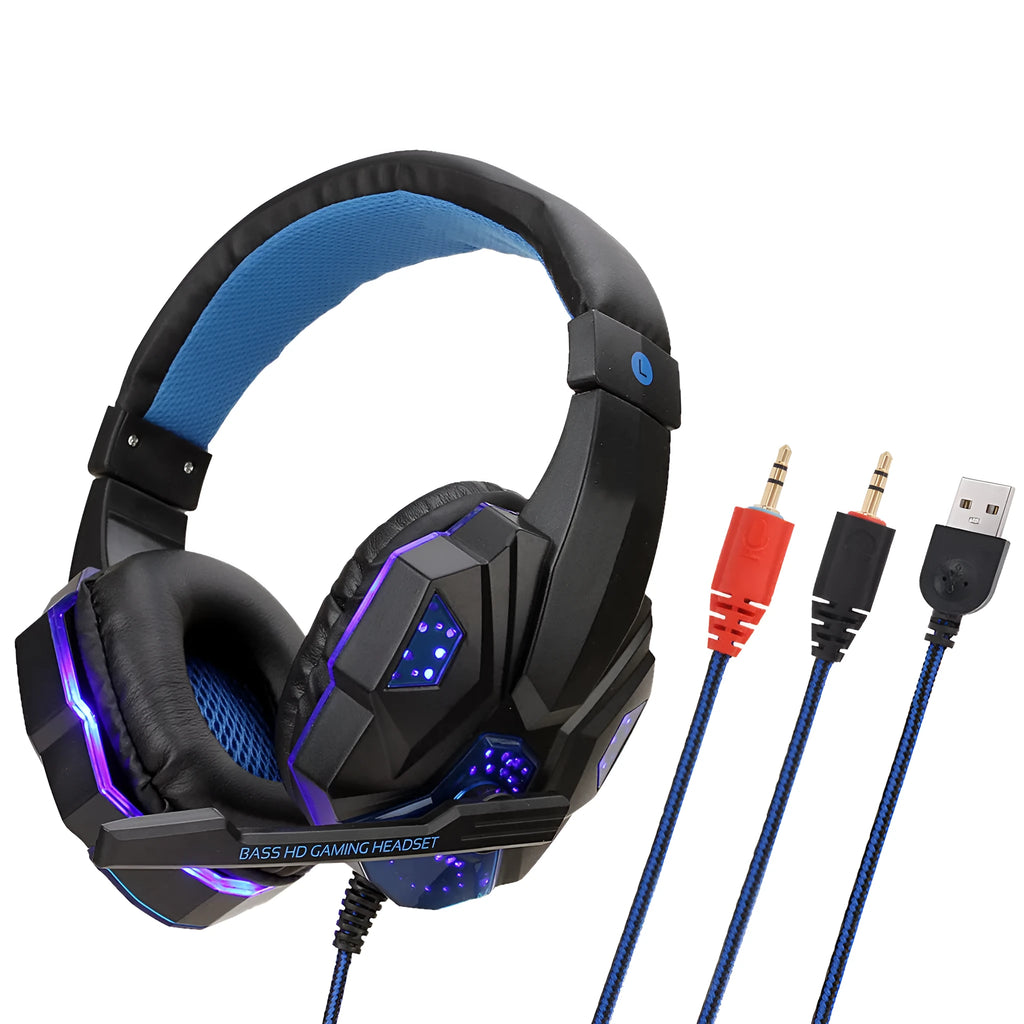 Black Red PC gaming headset with light-up ear cups and braided cable