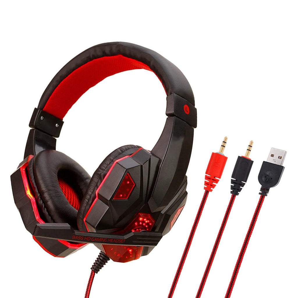 Black Red PC gaming headset with light-up ear cups and braided cable