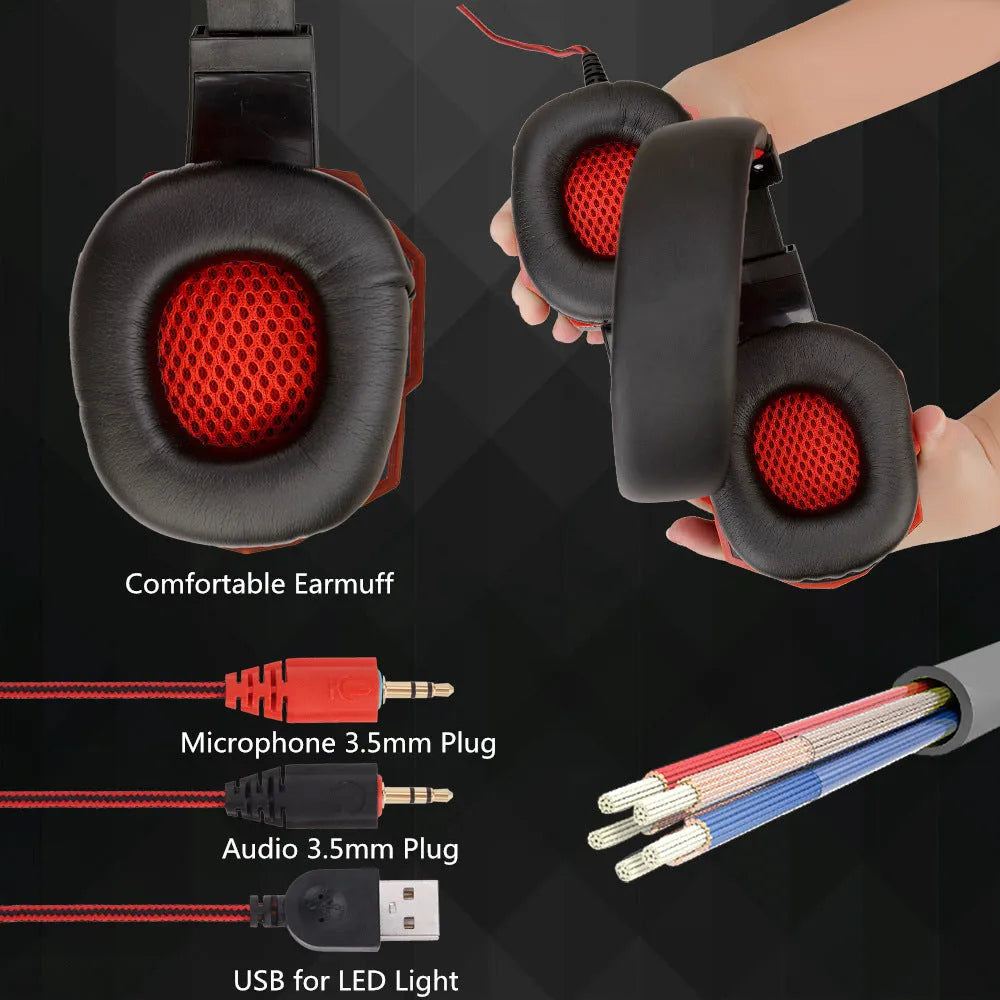 Black Red PC gaming headset with light-up ear cups and braided cable