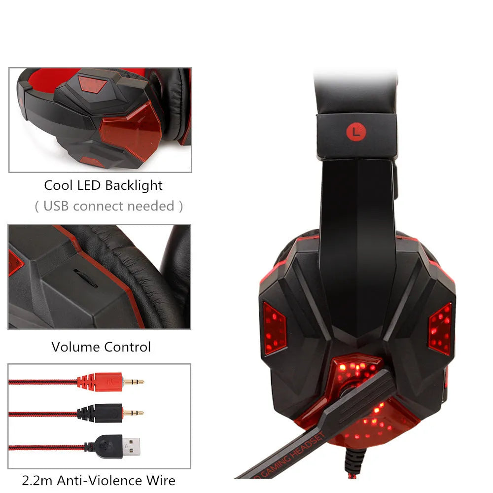Black Red PC gaming headset with light-up ear cups and braided cable