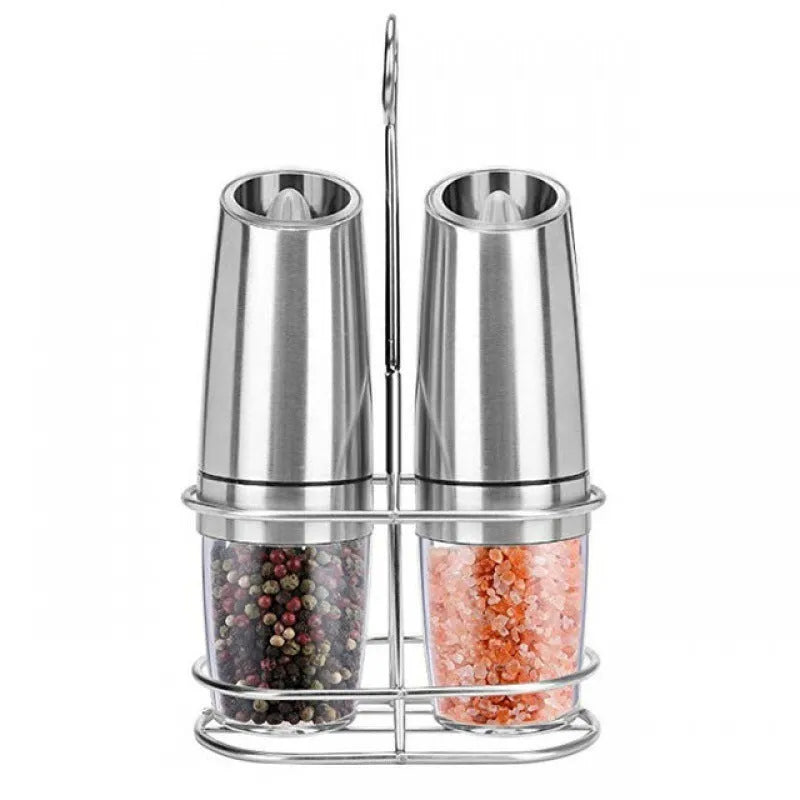 Electric gravity pepper grinder with adjustable coarseness and blue LED light in black ABS finish on wooden table