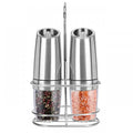 Electric gravity pepper grinder with adjustable coarseness and blue LED light in black ABS finish on wooden table