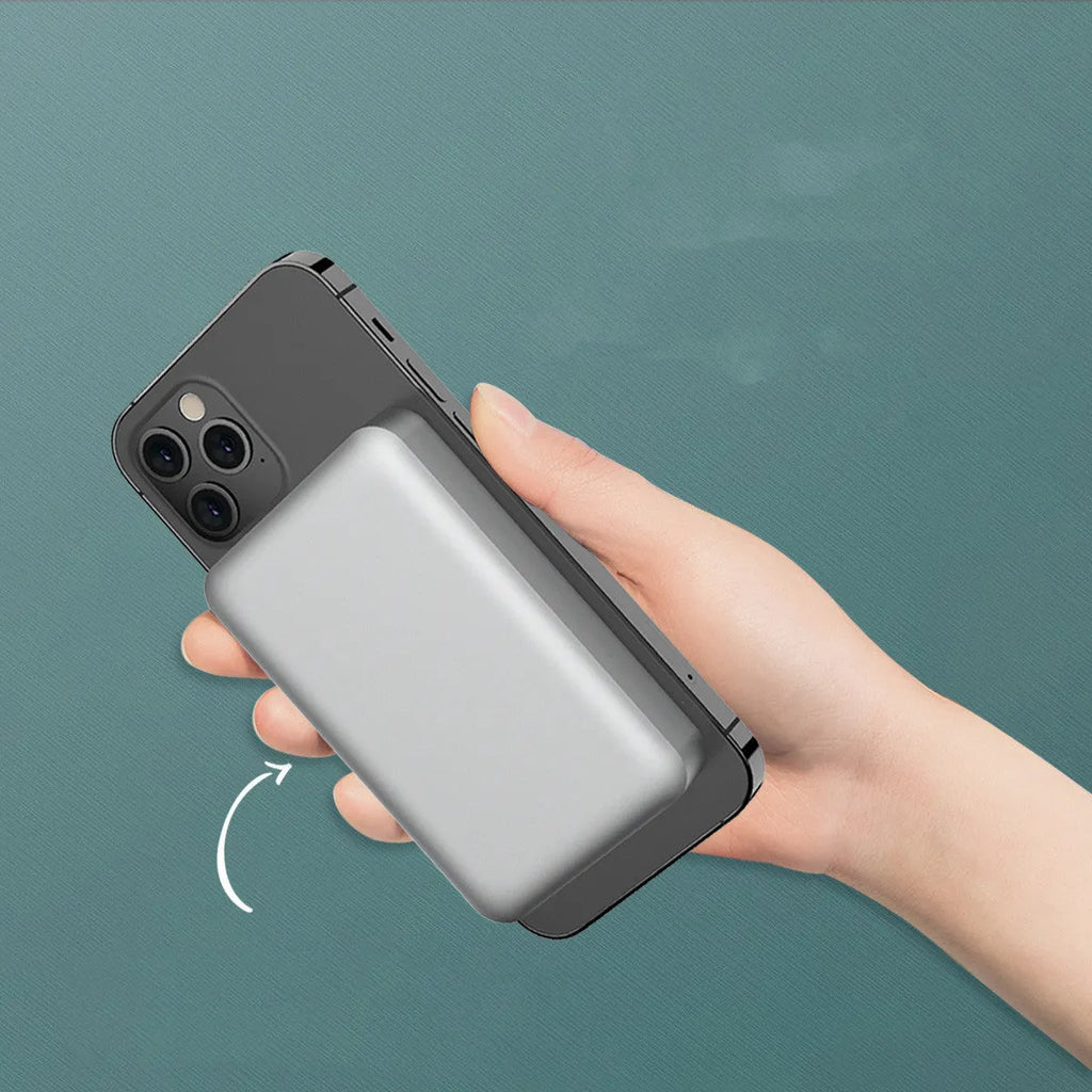 Silver Apple magnetic wireless power bank showing USB-C port and compact aluminium design.