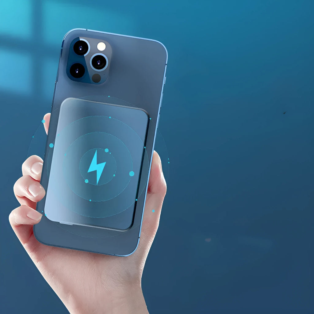 Silver Apple magnetic wireless power bank showing USB-C port and compact aluminium design.
