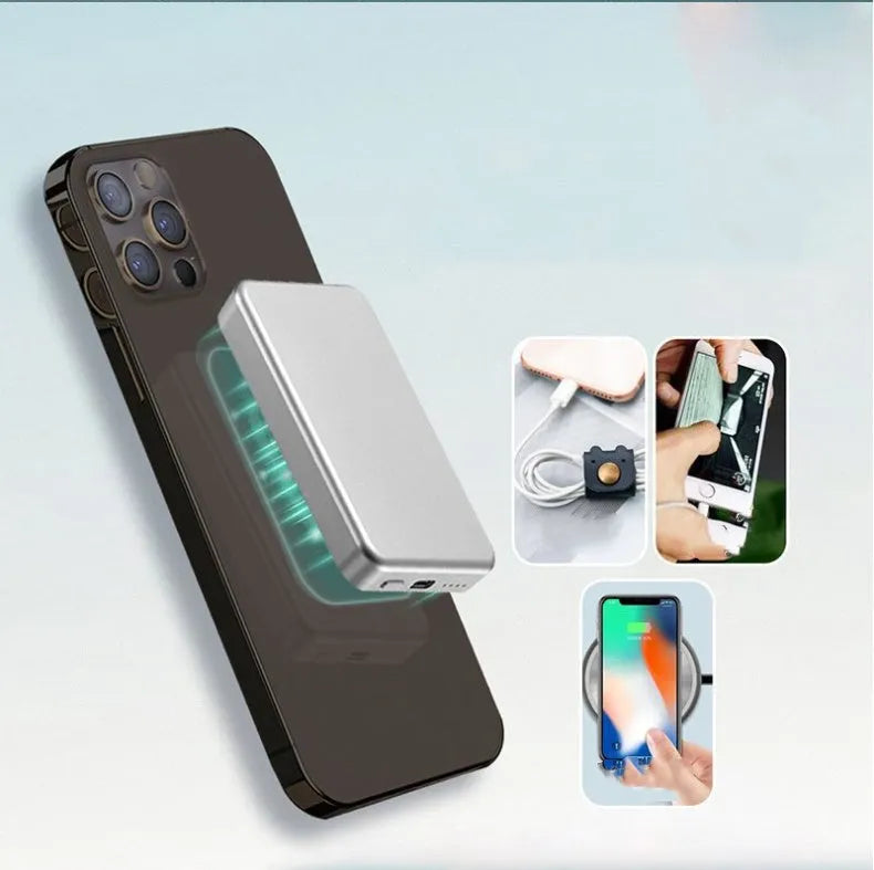 Silver Apple magnetic wireless power bank showing USB-C port and compact aluminium design.
