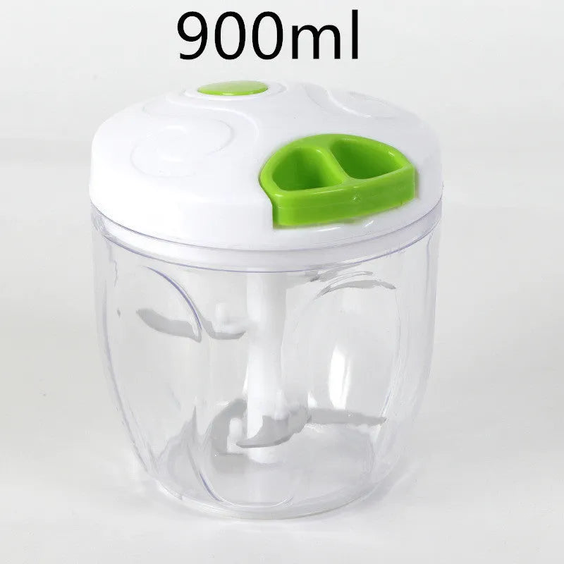 Green manual kitchen chopper with three stainless steel blades and a 500ml plastic container.