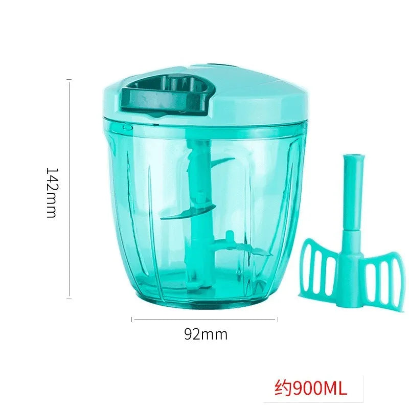 Green manual food chopper with three stainless steel blades, 500ml capacity, on a light background