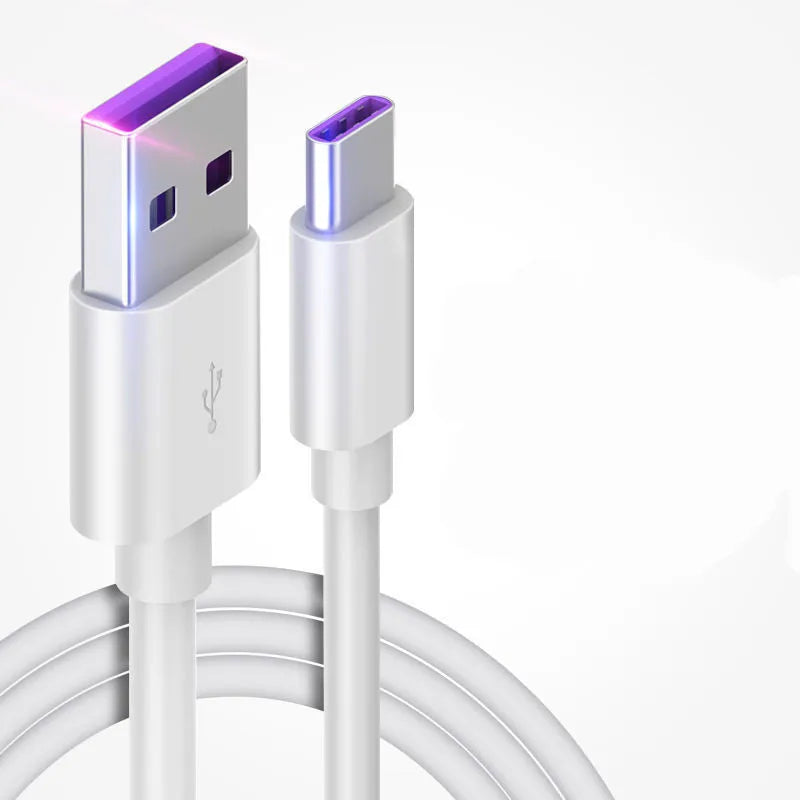 White PVC Type-C 5A super fast charging data cable 1 metre length on plain background