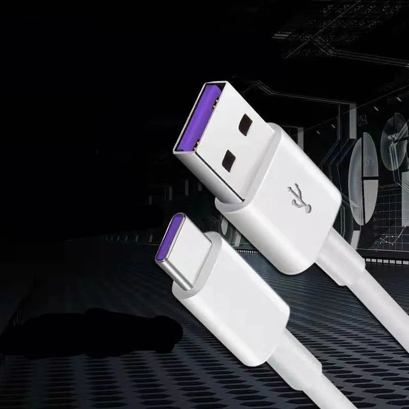 White PVC Type-C 5A super fast charging data cable 1 metre length on plain background