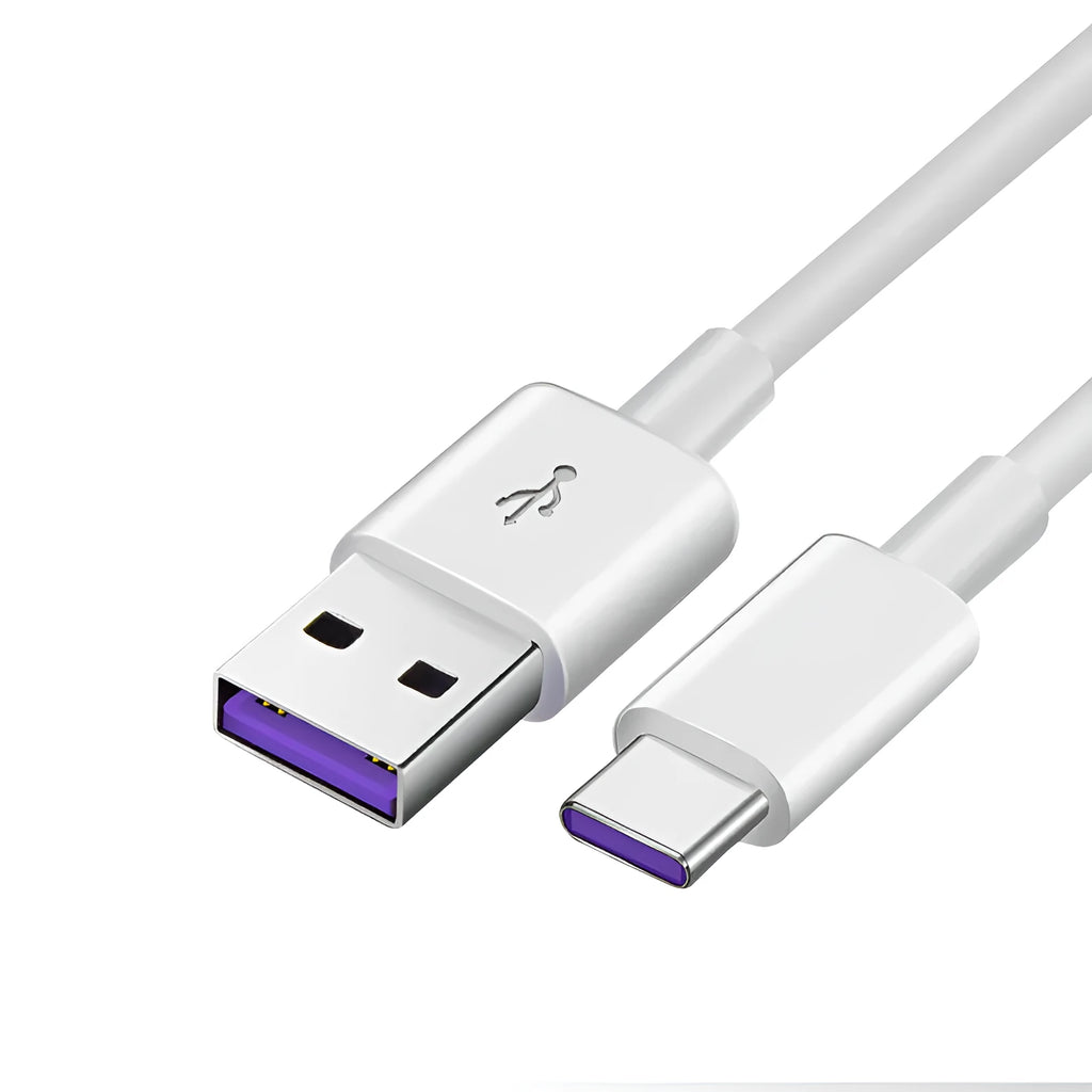 White PVC Type-C 5A super fast charging data cable 1 metre length on plain background