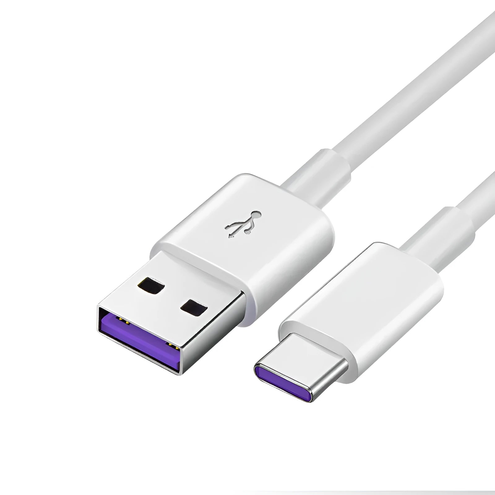 White PVC Type-C 5A super fast charging data cable 1 metre length on plain background