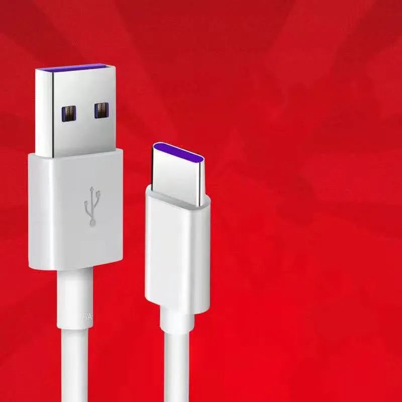White PVC Type-C 5A super fast charging data cable 1 metre length on plain background