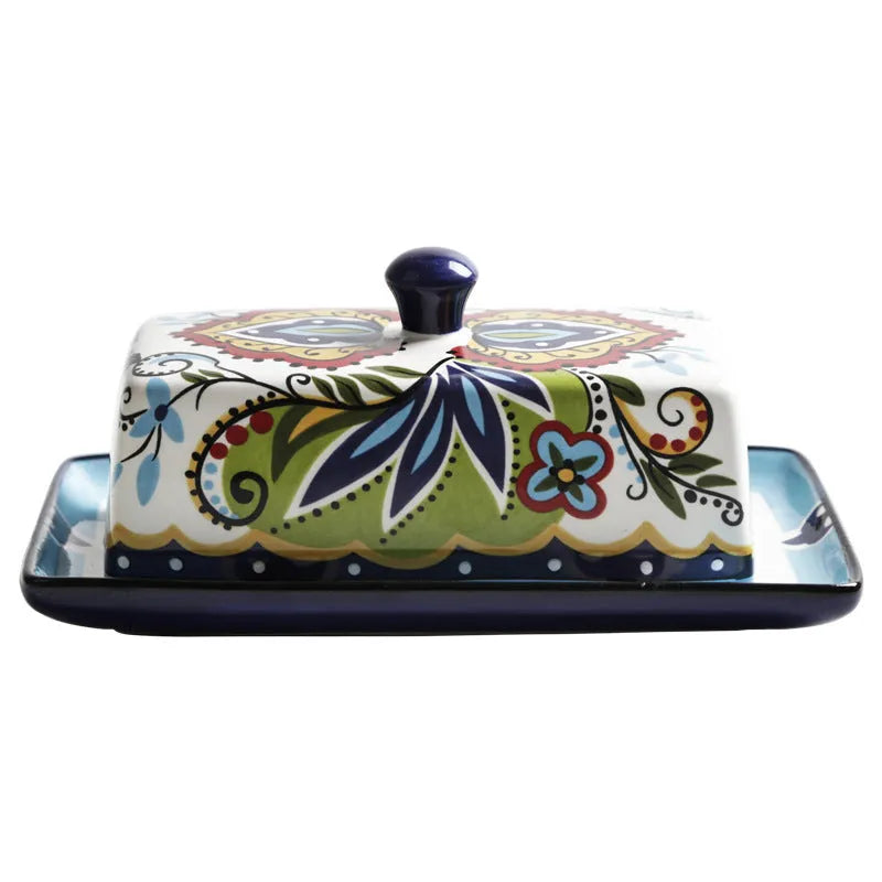 Creative ceramic butter box with lid, square floral pattern, blue or white, microwave safe