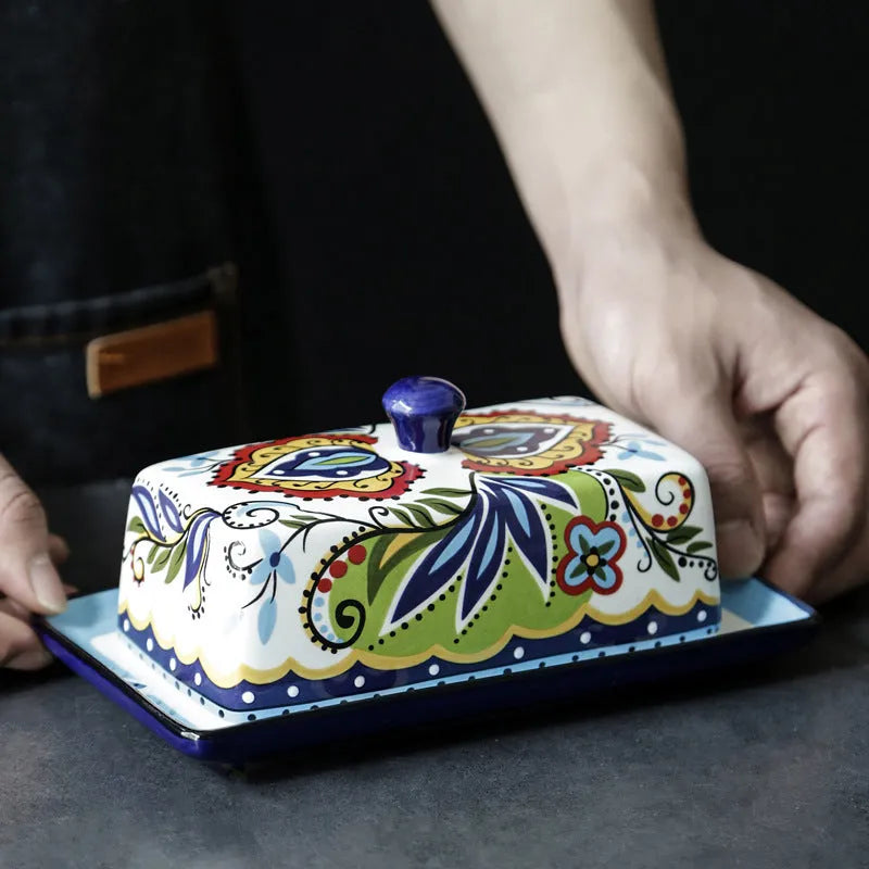 Creative ceramic butter box with lid, square floral pattern, blue or white, microwave safe