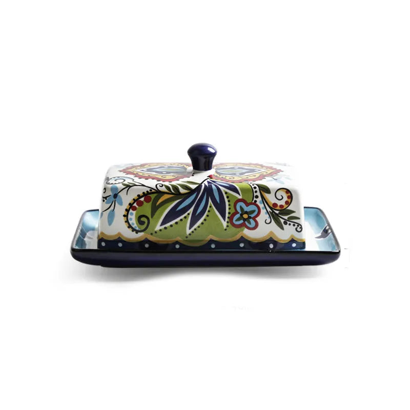 Creative ceramic butter box with lid, square floral pattern, blue or white, microwave safe