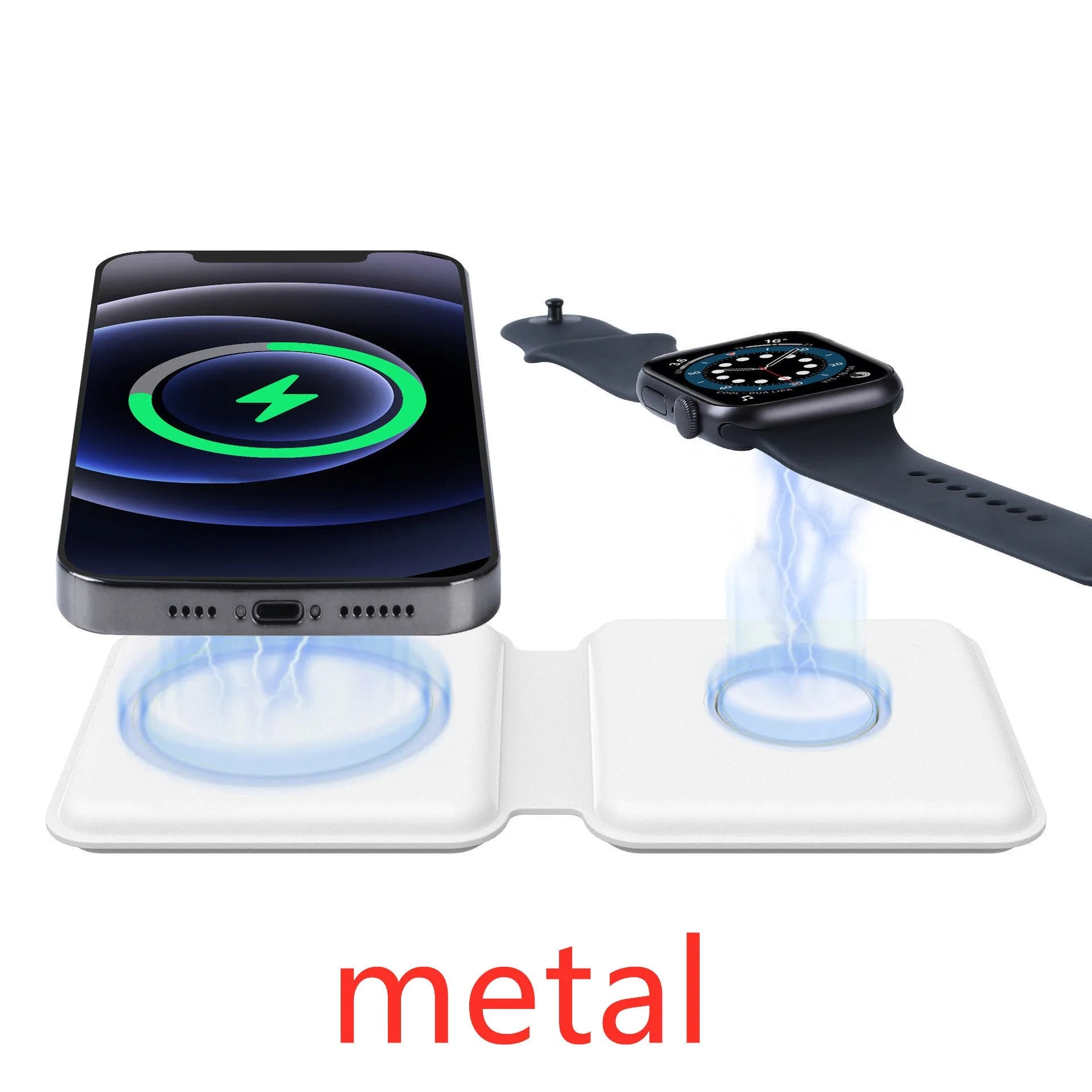 White foldable magnetic wireless charger showing dual charging surfaces and adjustable stand