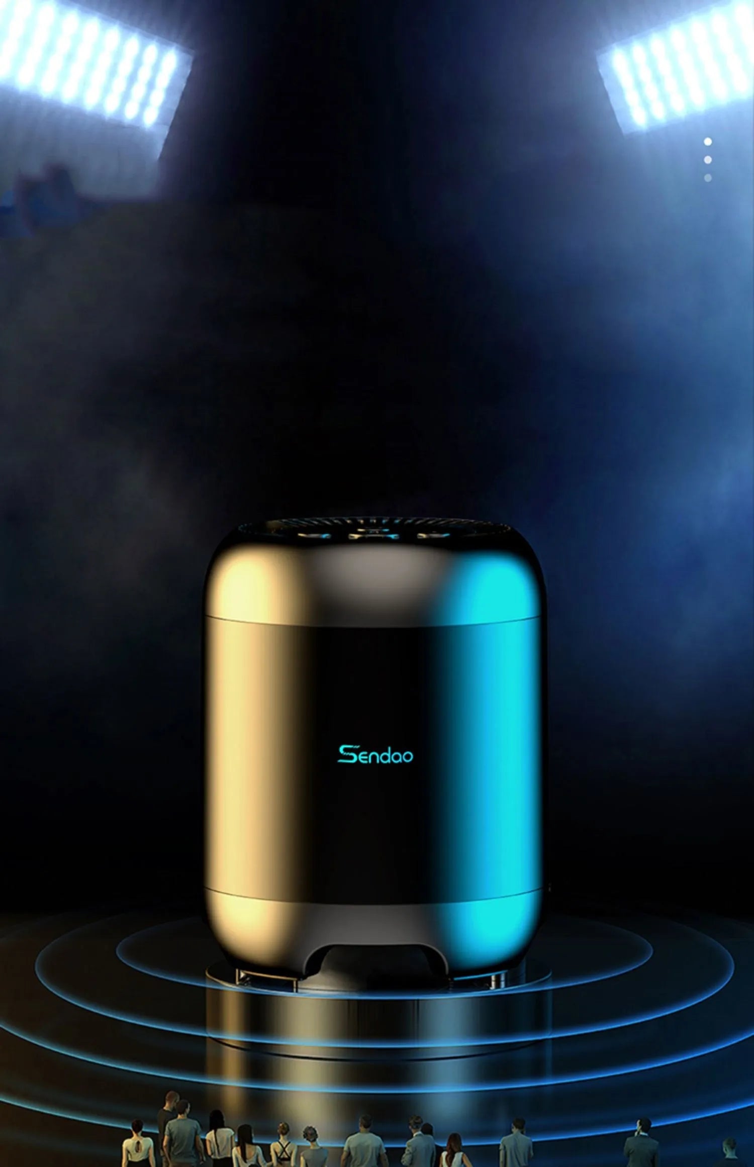 Black and white wireless Bluetooth speaker with SD card slot measuring 90x73x73mm