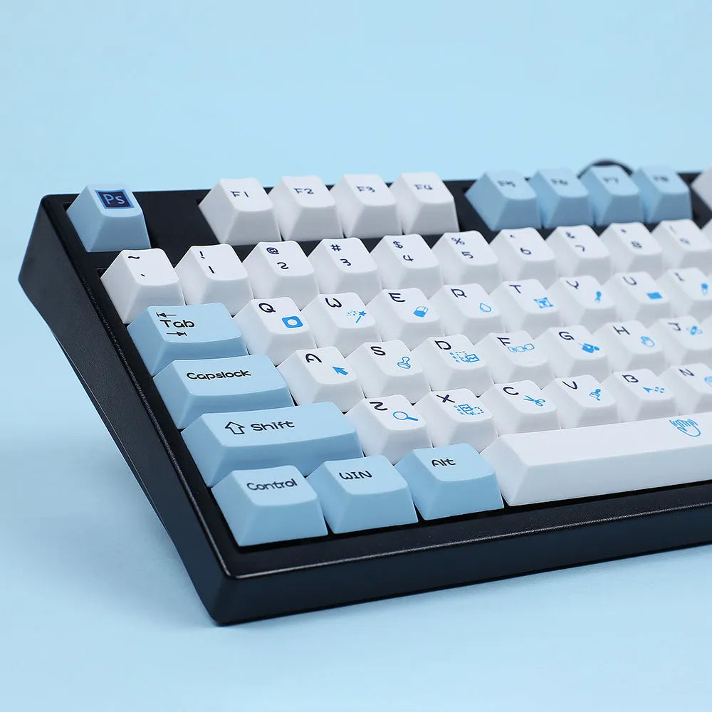 108-key PS theme mechanical keyboard keycap set showing blue and white colour option with supplementary keys