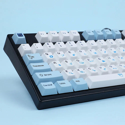 108-key PS theme mechanical keyboard keycap set showing blue and white colour option with supplementary keys