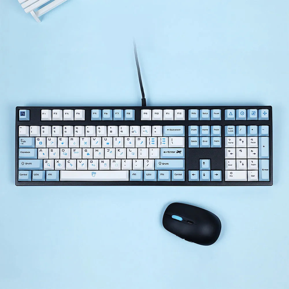 108-key PS theme mechanical keyboard keycap set showing blue and white colour option with supplementary keys