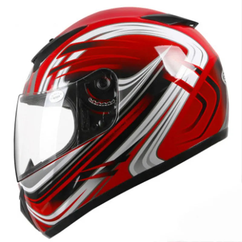 Blue full face motorcycle helmet with drop down sun visor, ABS shell, sized L and XL