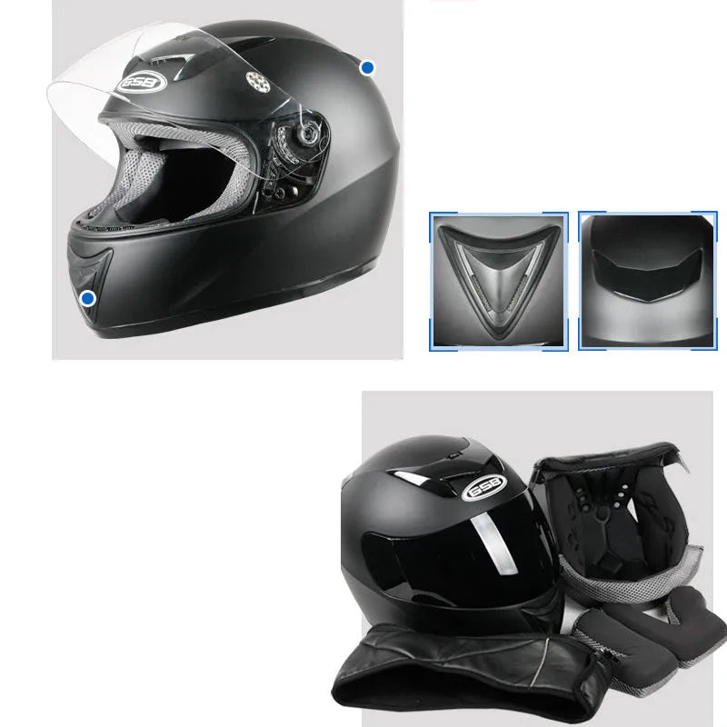 Blue full face motorcycle helmet with drop down sun visor, ABS shell, sized L and XL