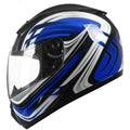 Blue full face motorcycle helmet with drop down sun visor, ABS shell, sized L and XL