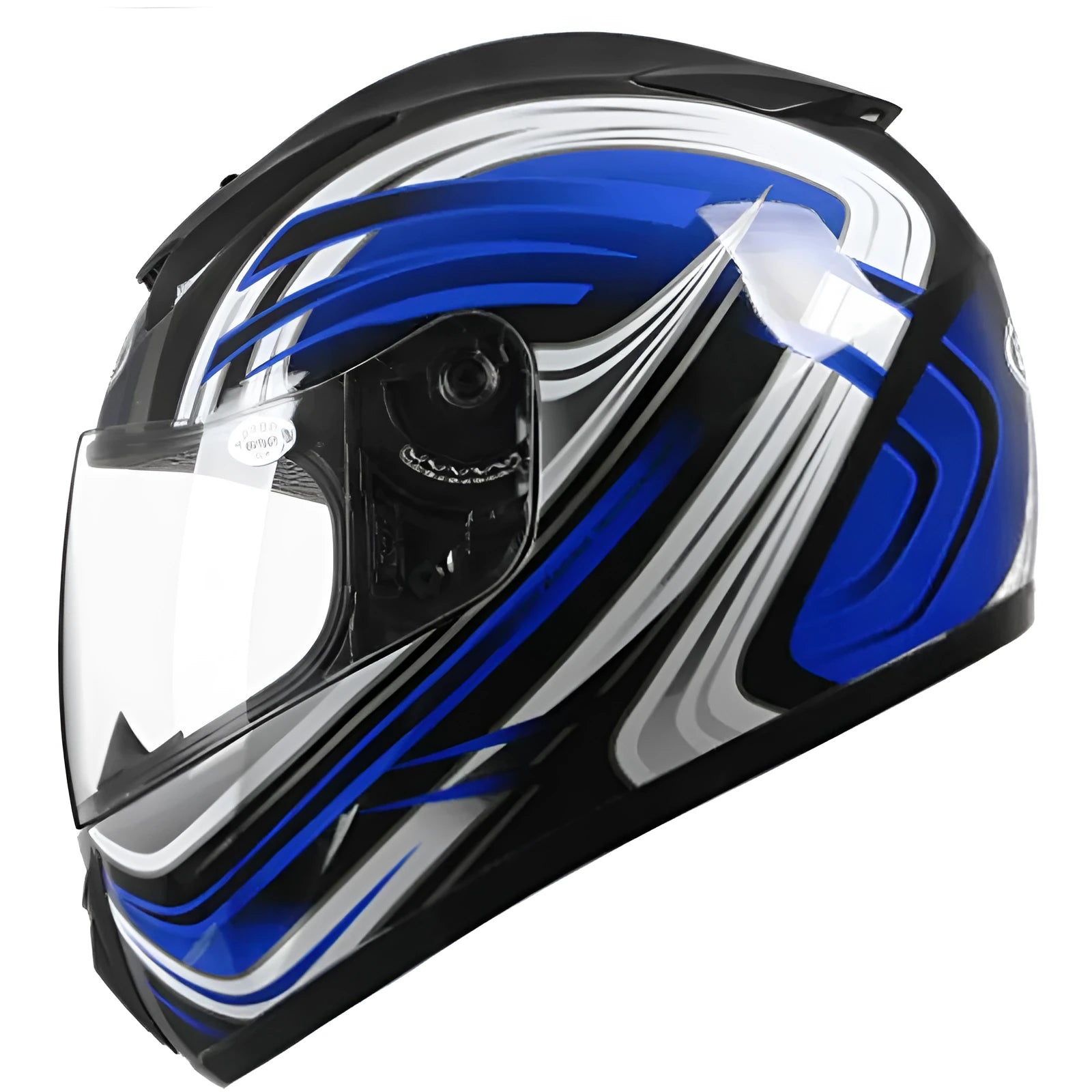 Blue full face motorcycle helmet with drop down sun visor, ABS shell, sized L and XL