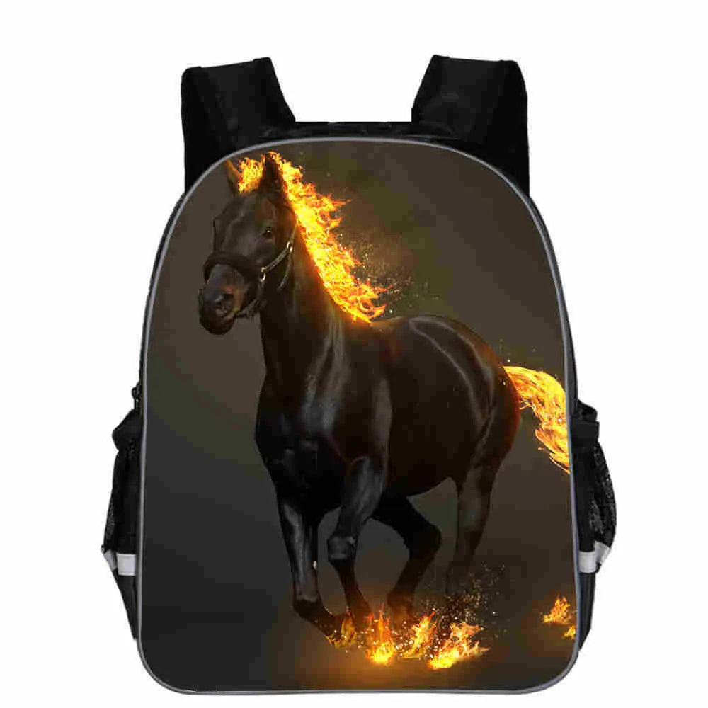 Horse schoolbag with animal head design and lightning cartoon graphics showing multiple colour options