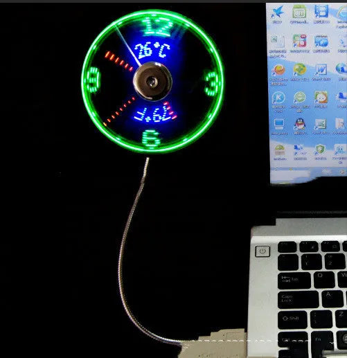 USB clock temperature fan with LED display, soft plastic blades, and flexible silver metal neck on a desk
