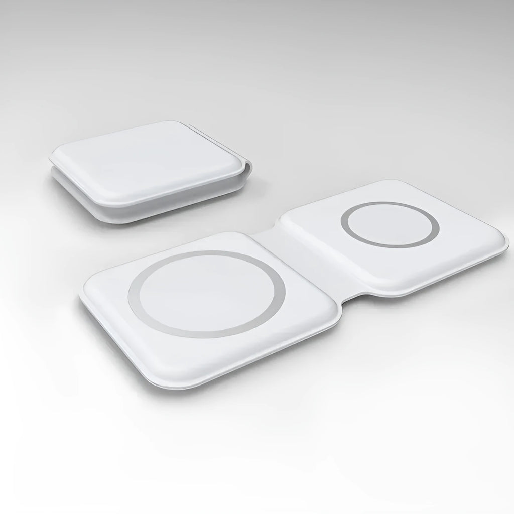 White foldable magnetic wireless charger showing dual charging surfaces and adjustable stand