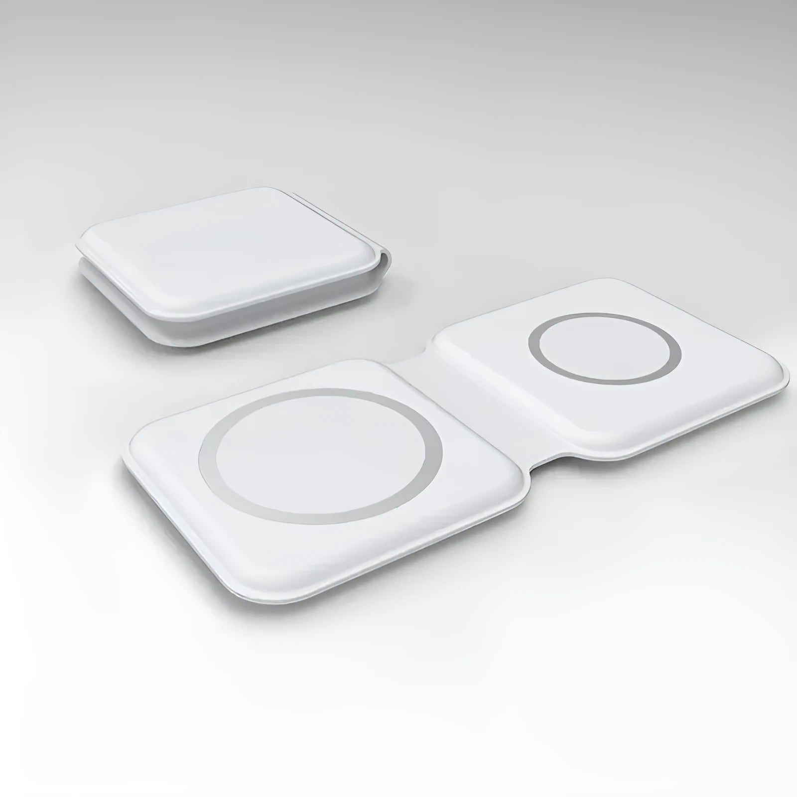 White foldable magnetic wireless charger showing dual charging surfaces and adjustable stand