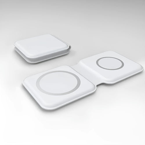White foldable magnetic wireless charger showing dual charging surfaces and adjustable stand