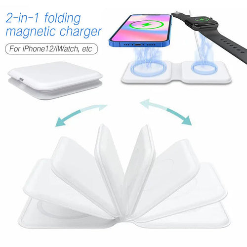 White foldable magnetic wireless charger showing dual charging surfaces and adjustable stand