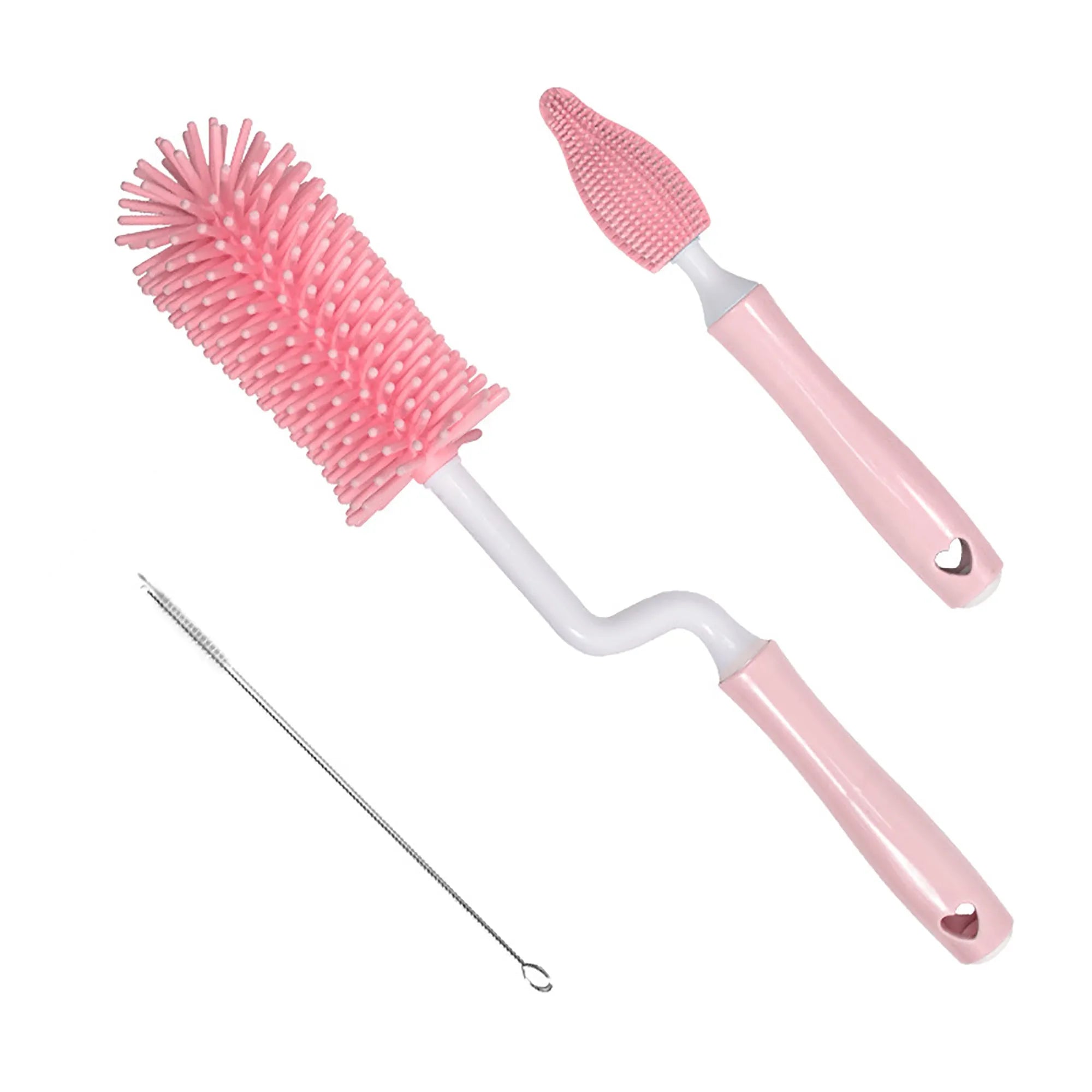 Three-piece silicone baby bottle brush set in pink, blue, and yellow with straw cleaning tool