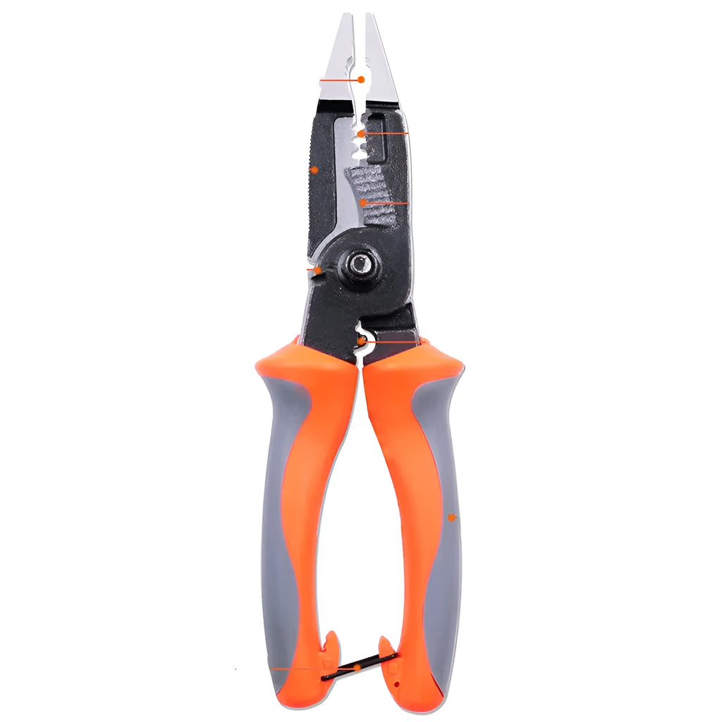 8-inch multifunctional electrician's pliers with orange PPR handle and tool steel duckbill head for wire stripping
