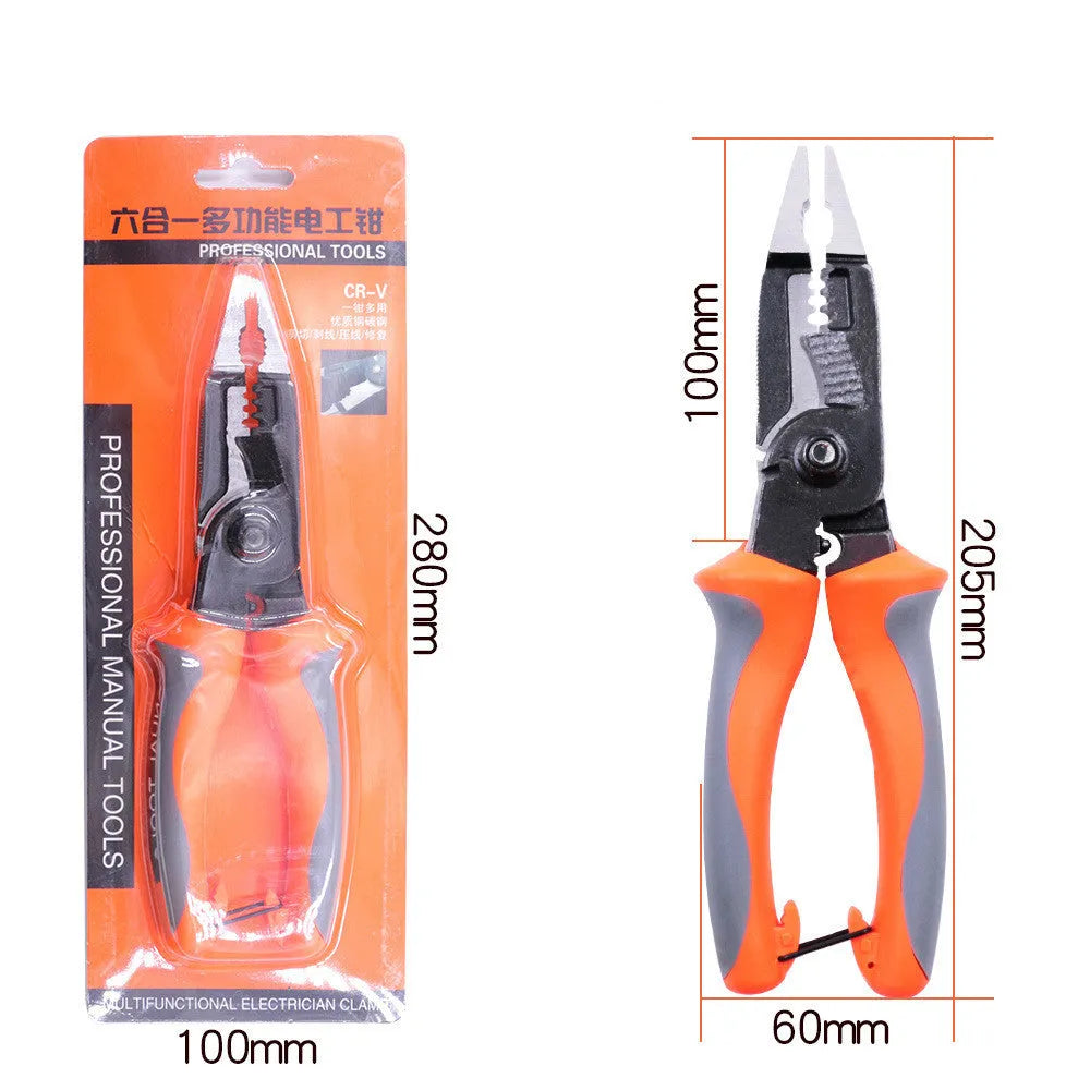 8-inch multifunctional electrician's pliers with orange PPR handle and tool steel duckbill head for wire stripping